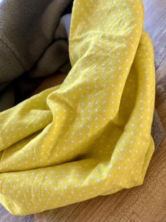 Rundschal - Baumwolle, Fleece - handmade- Unikat - gelb, weiß, grau, - Punkte